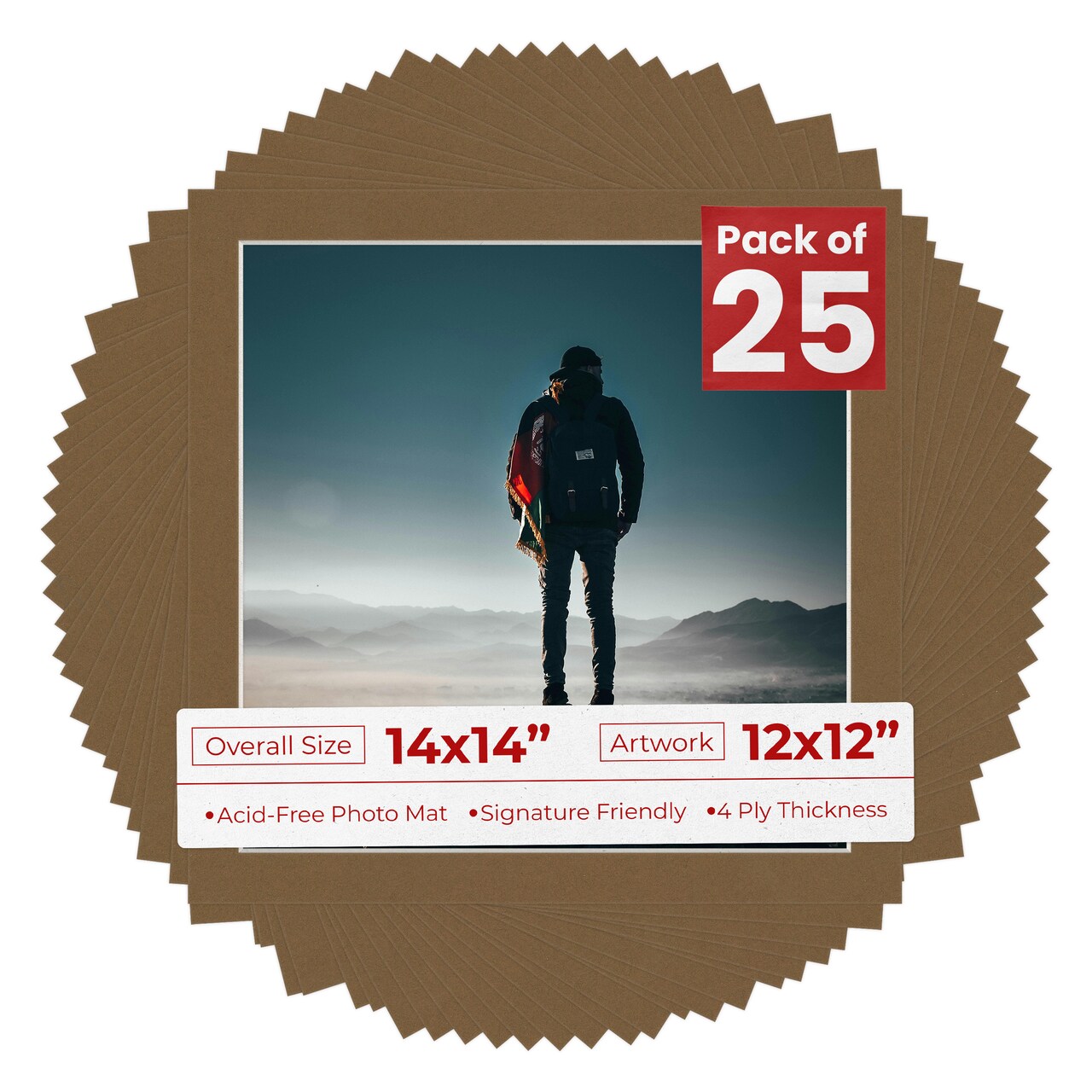 Aged Oak Brown Mat Board for 14x14 Frames - Fits 12x12 Photos